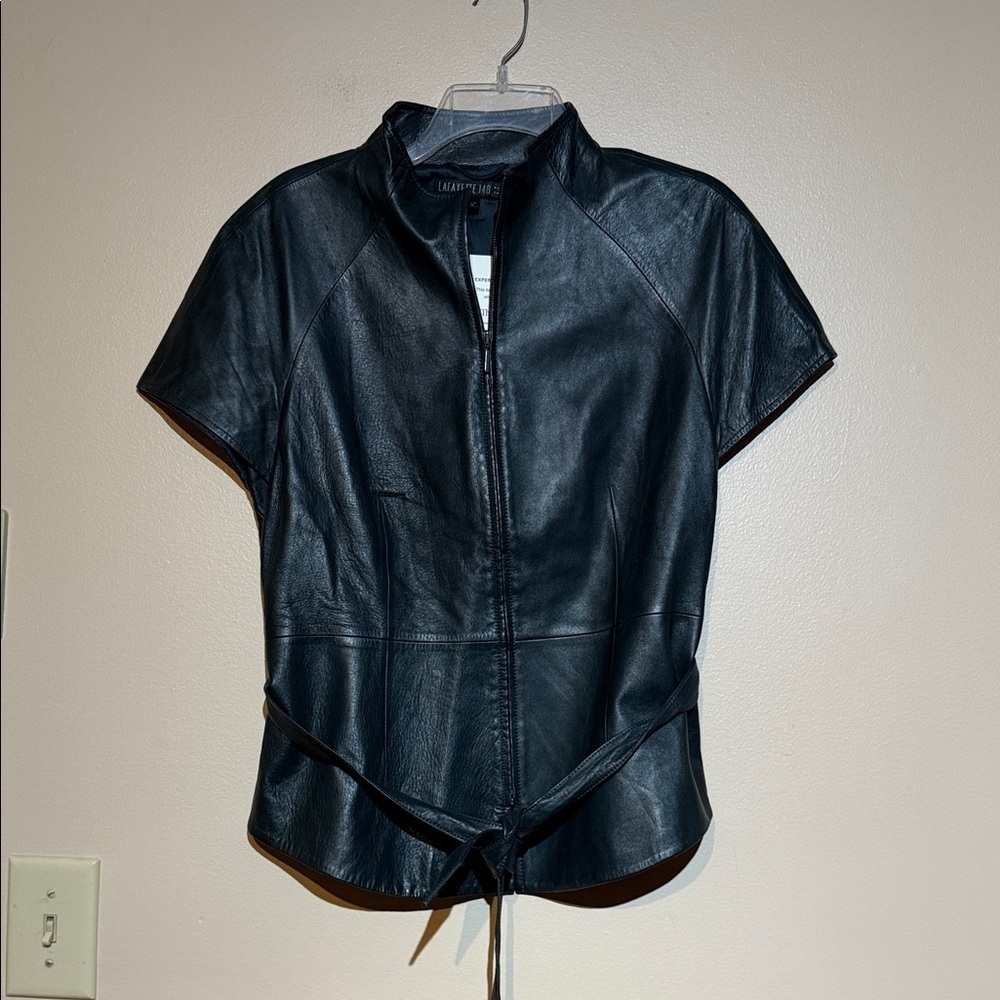 Lafayette 148 New York Short Sleeve green Leather top